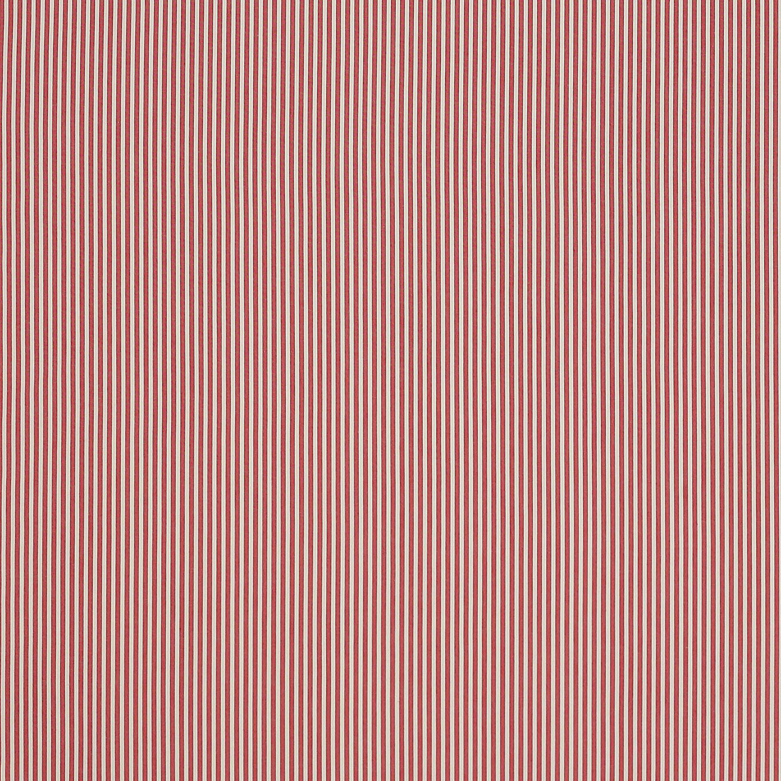 Fine red and cream vertical ticking stripes on a cotton fabric swatch