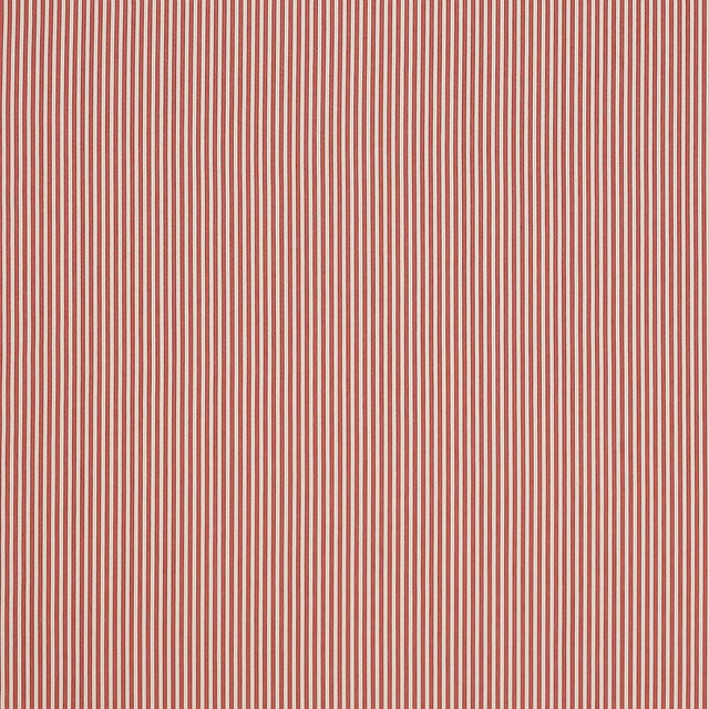 Fine red and cream vertical ticking stripes on a cotton fabric swatch