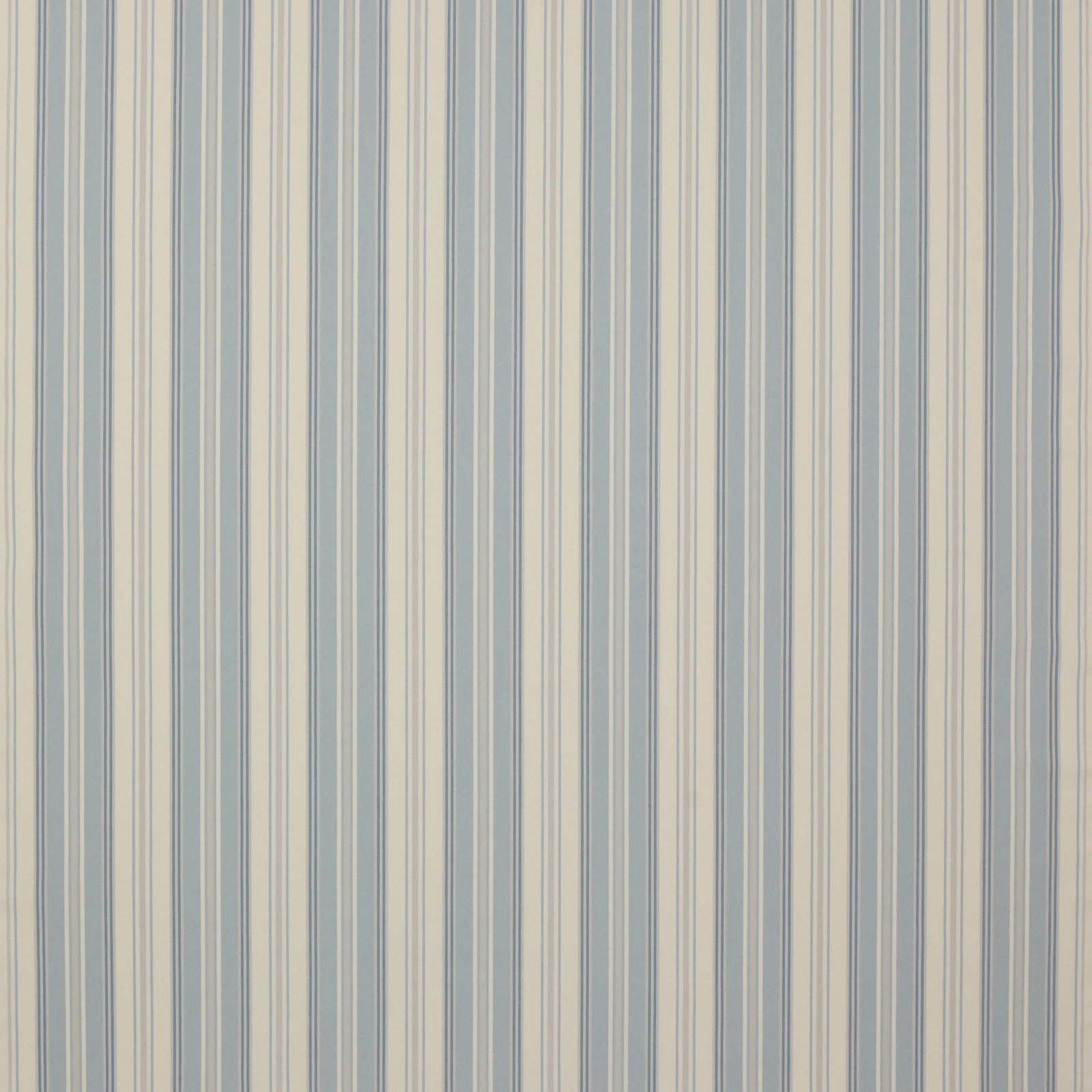 Pale blue and cream vertical stripe cotton fabric with fine grey pinstripes