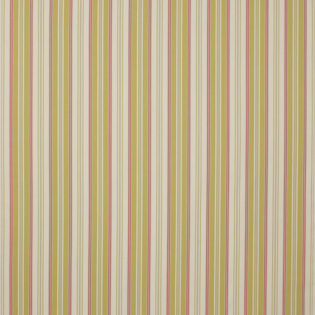 Vertical leaf green and blush pink pinstripes on a pale cream cotton fabric