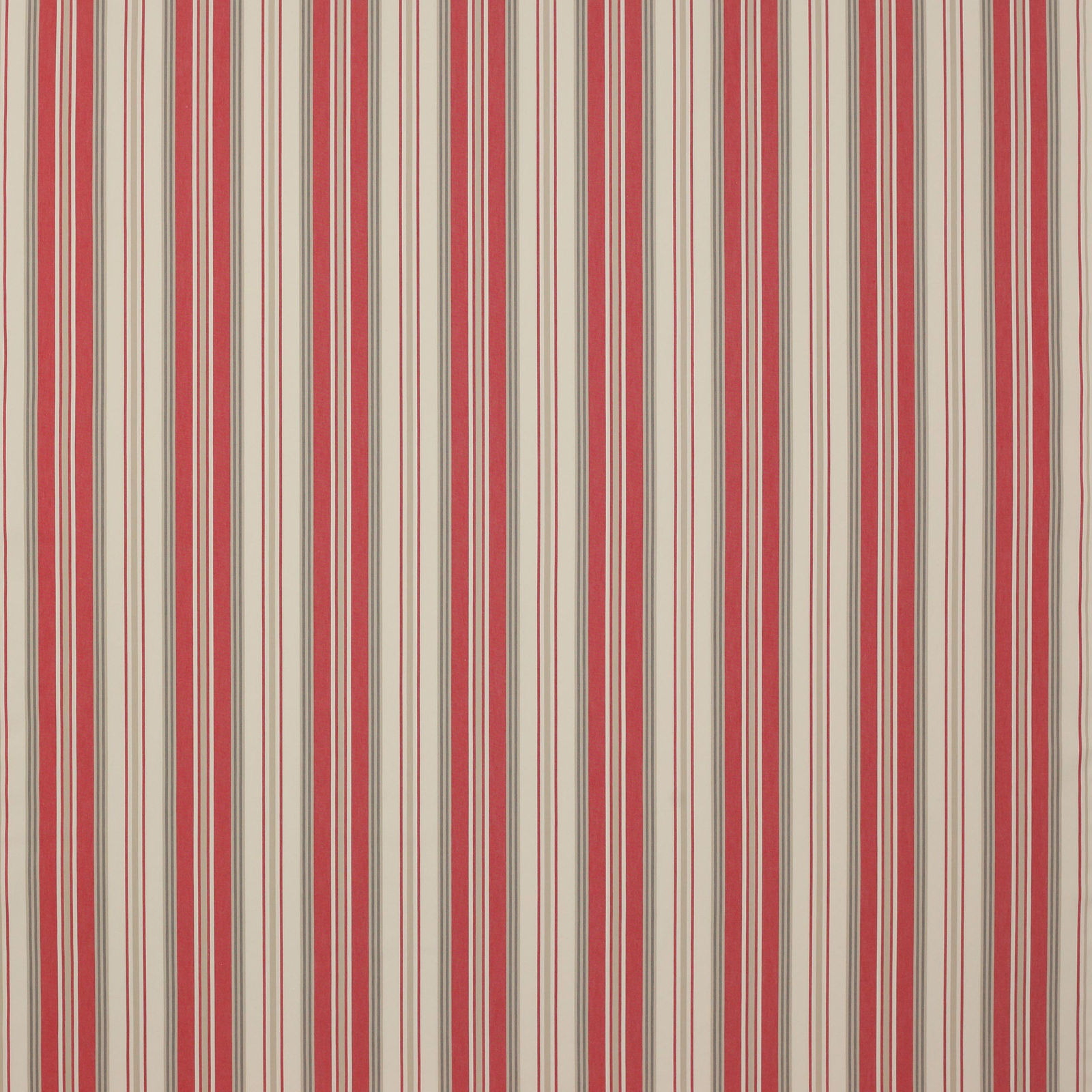 Vertical coral-red and cream cotton stripe fabric with fine pinstripes
