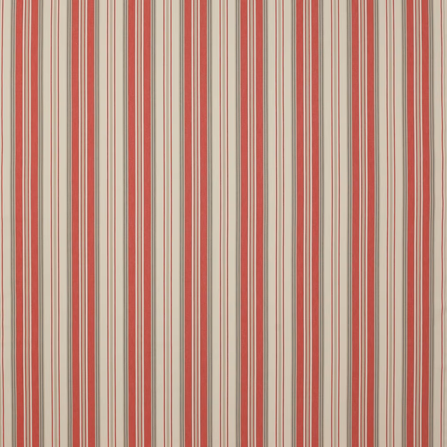 Vertical coral-red and cream cotton stripe fabric with fine pinstripes