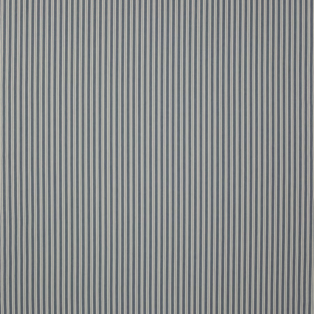 Narrow navy and cream vertical stripes on a textured cotton fabric swatch