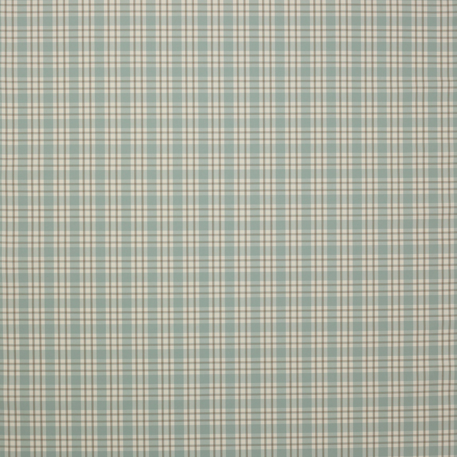Small aqua and cream checked cotton fabric swatch with fine taupe-grey lines