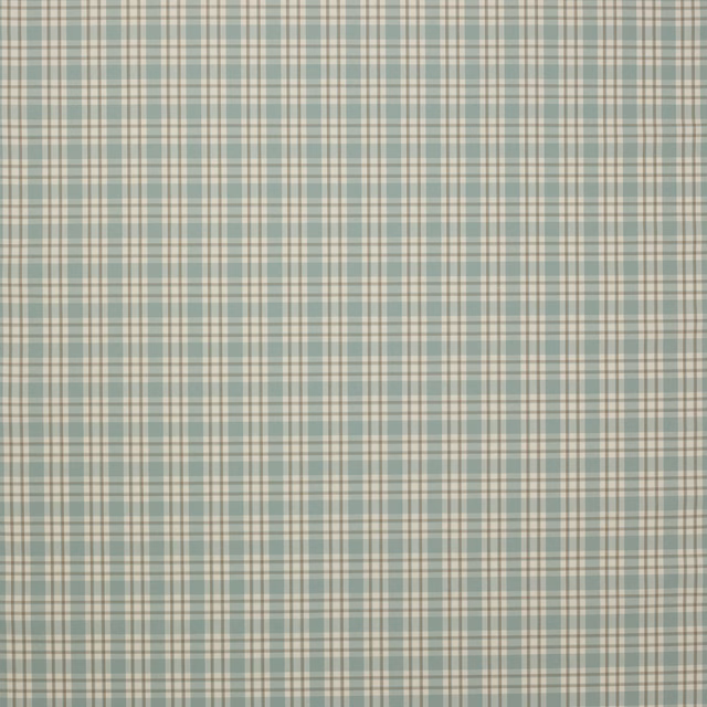 Small aqua and cream checked cotton fabric swatch with fine taupe-grey lines