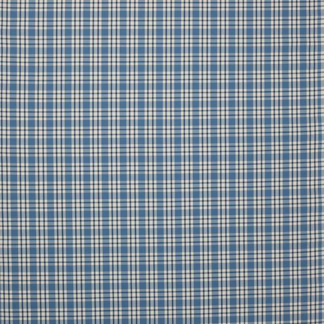 Navy and cream woven check fabric with fine blue lines