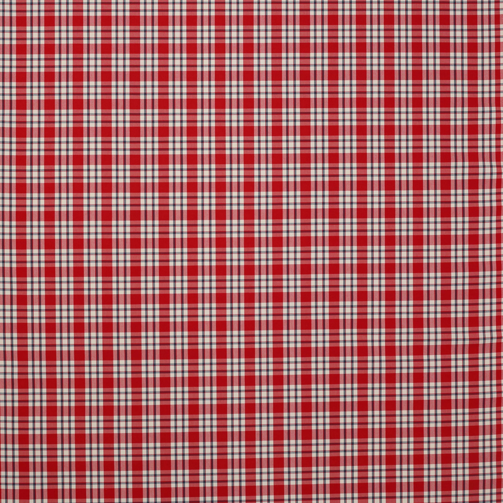 Red and navy small checked cotton fabric with pale neutral stripes