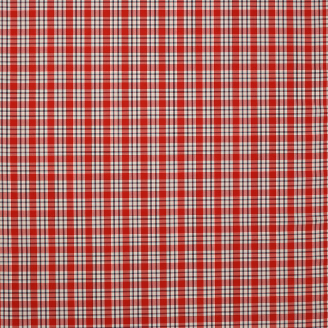 Red and navy small checked cotton fabric with pale neutral stripes