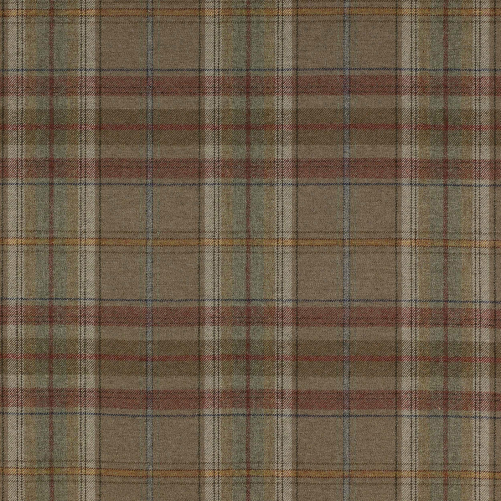 Beige wool tartan plaid with rust, green and blue-grey checks
