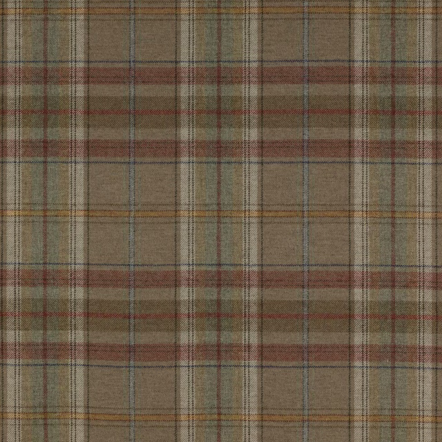 Beige wool tartan plaid with rust, green and blue-grey checks