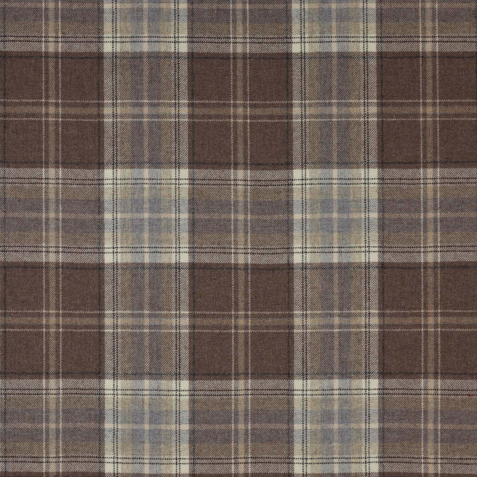 Brown and taupe wool plaid swatch with cream and grey-blue checks