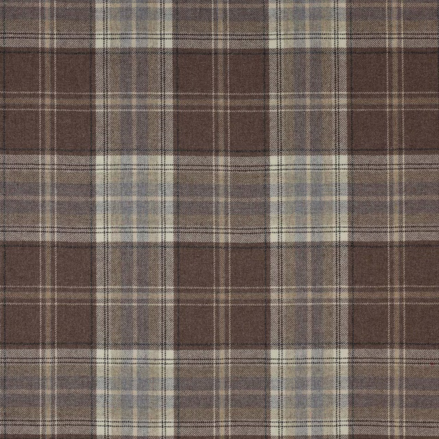 Brown and taupe wool plaid swatch with cream and grey-blue checks