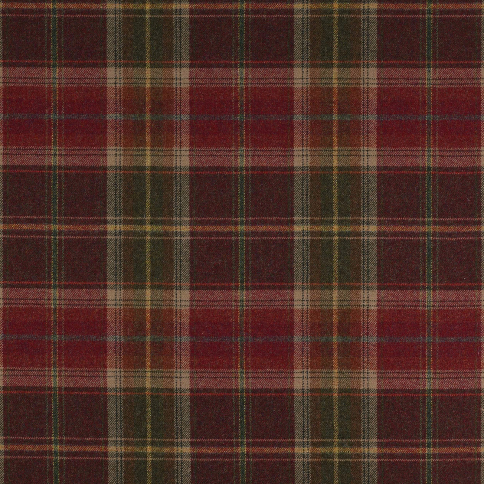 Charcoal wool tartan plaid swatch with burgundy, olive and tan checks