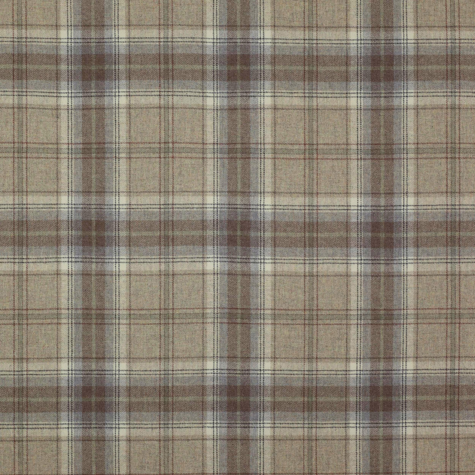 Warm beige wool plaid with taupe-brown bands and fine dark pinstripes