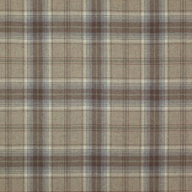 Warm beige wool plaid with taupe-brown bands and fine dark pinstripes