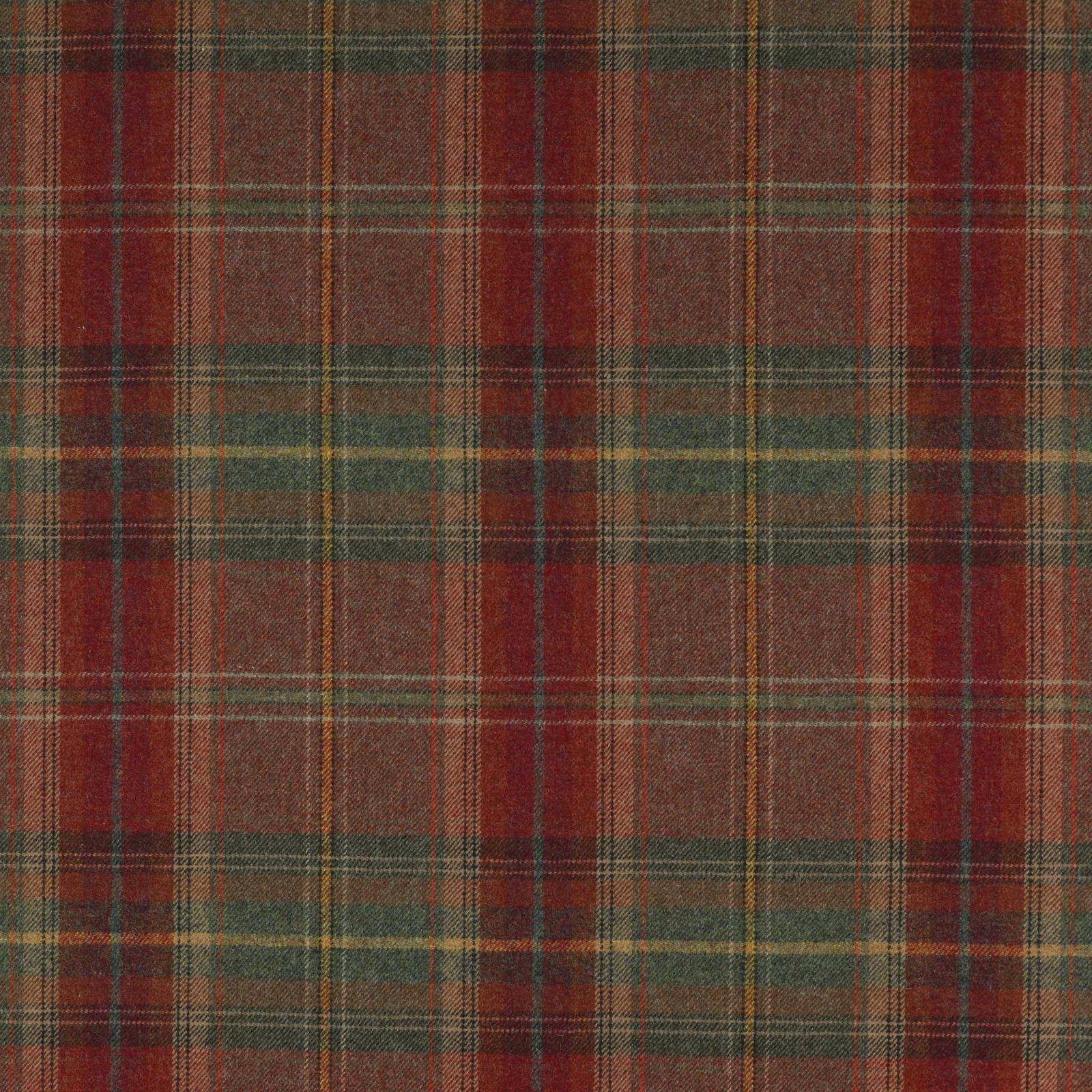 Muted red and green wool tartan check with narrow gold and dark stripes