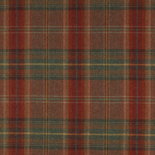 Muted red and green wool tartan check with narrow gold and dark stripes