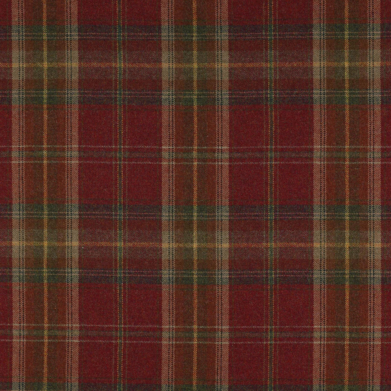 Deep red tartan wool swatch with sand and green plaid lines
