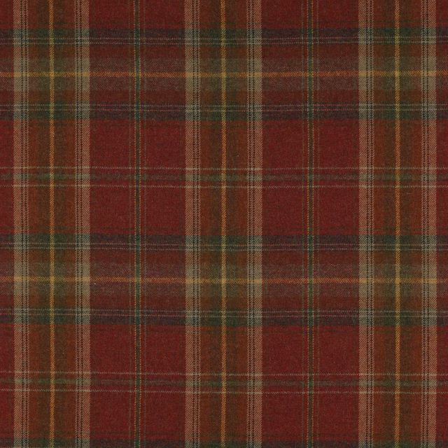 Deep red tartan wool swatch with sand and green plaid lines