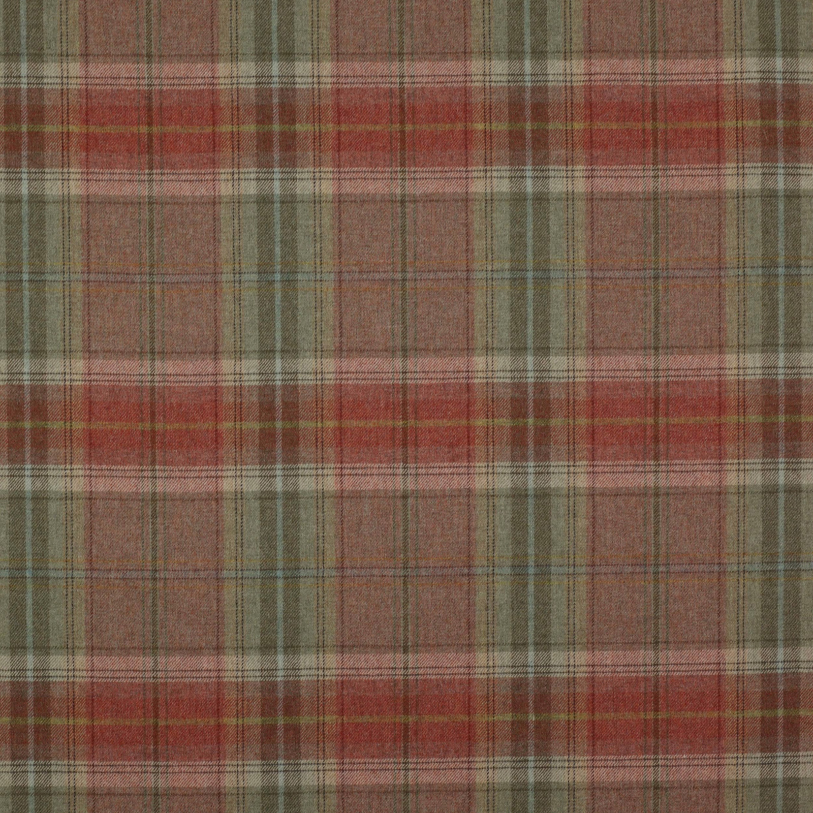 Woven tomato-red and sage plaid wool swatch with muted brown and cream checks