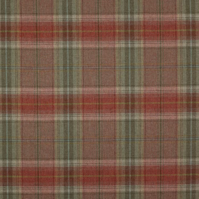 Woven tomato-red and sage plaid wool swatch with muted brown and cream checks