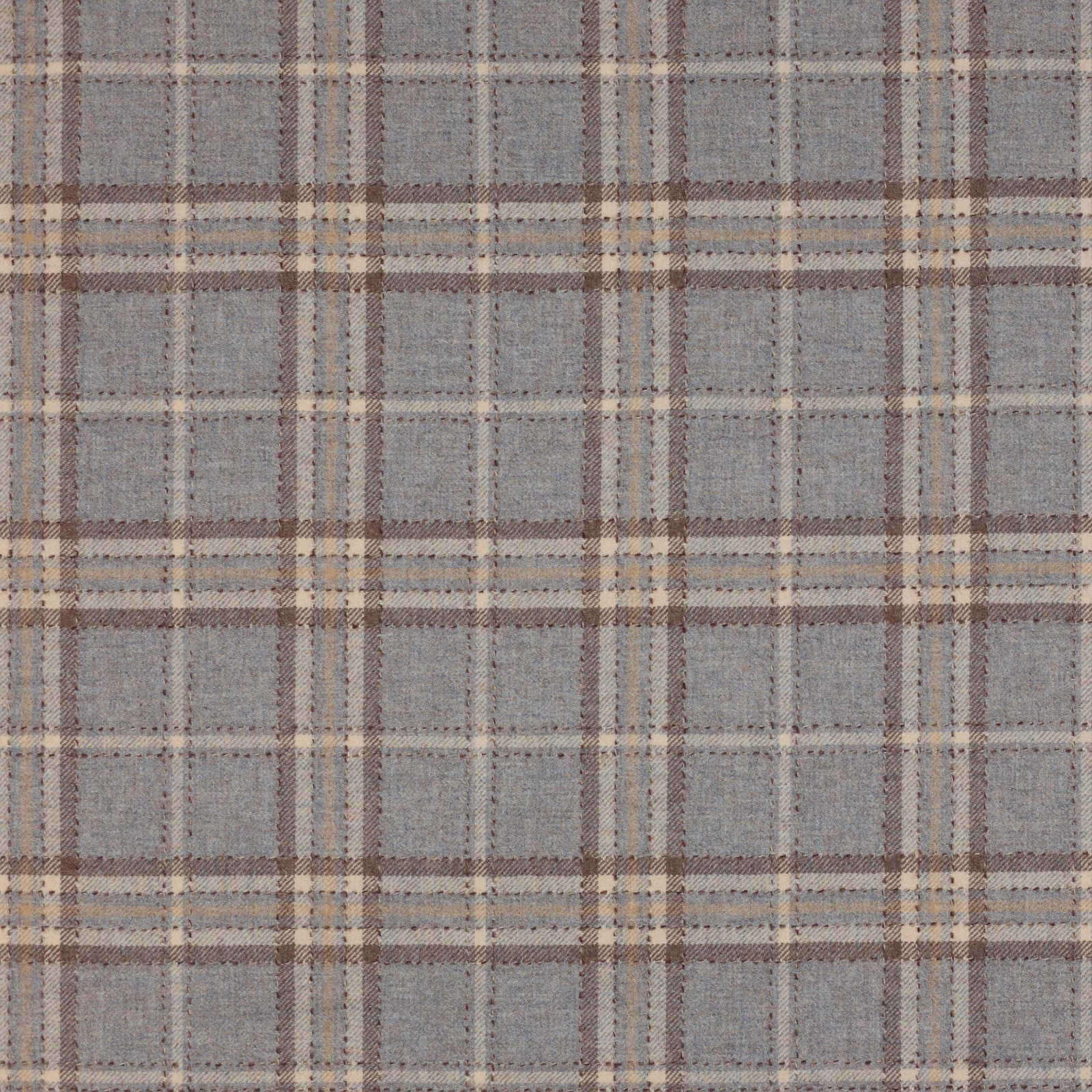 Soft blue-grey wool check with cream and taupe plaid stripes