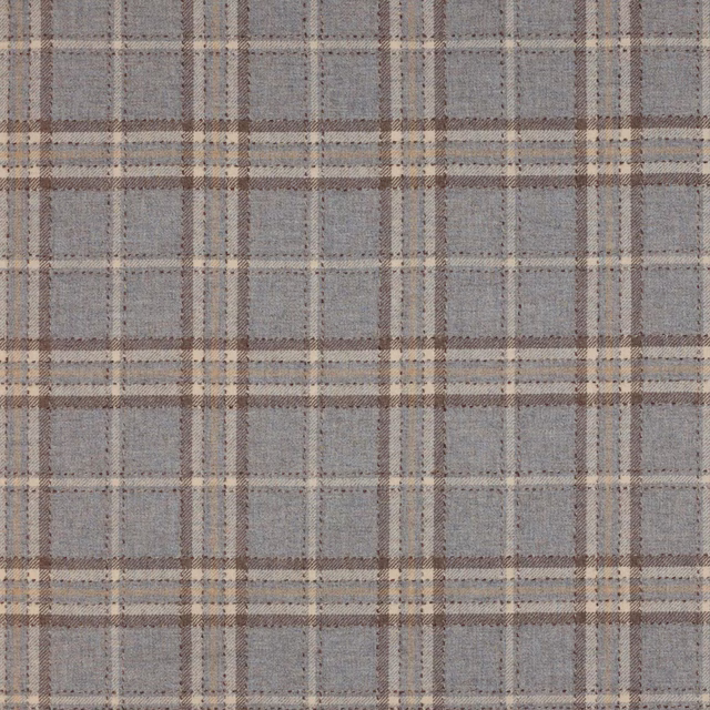 Soft blue-grey wool check with cream and taupe plaid stripes
