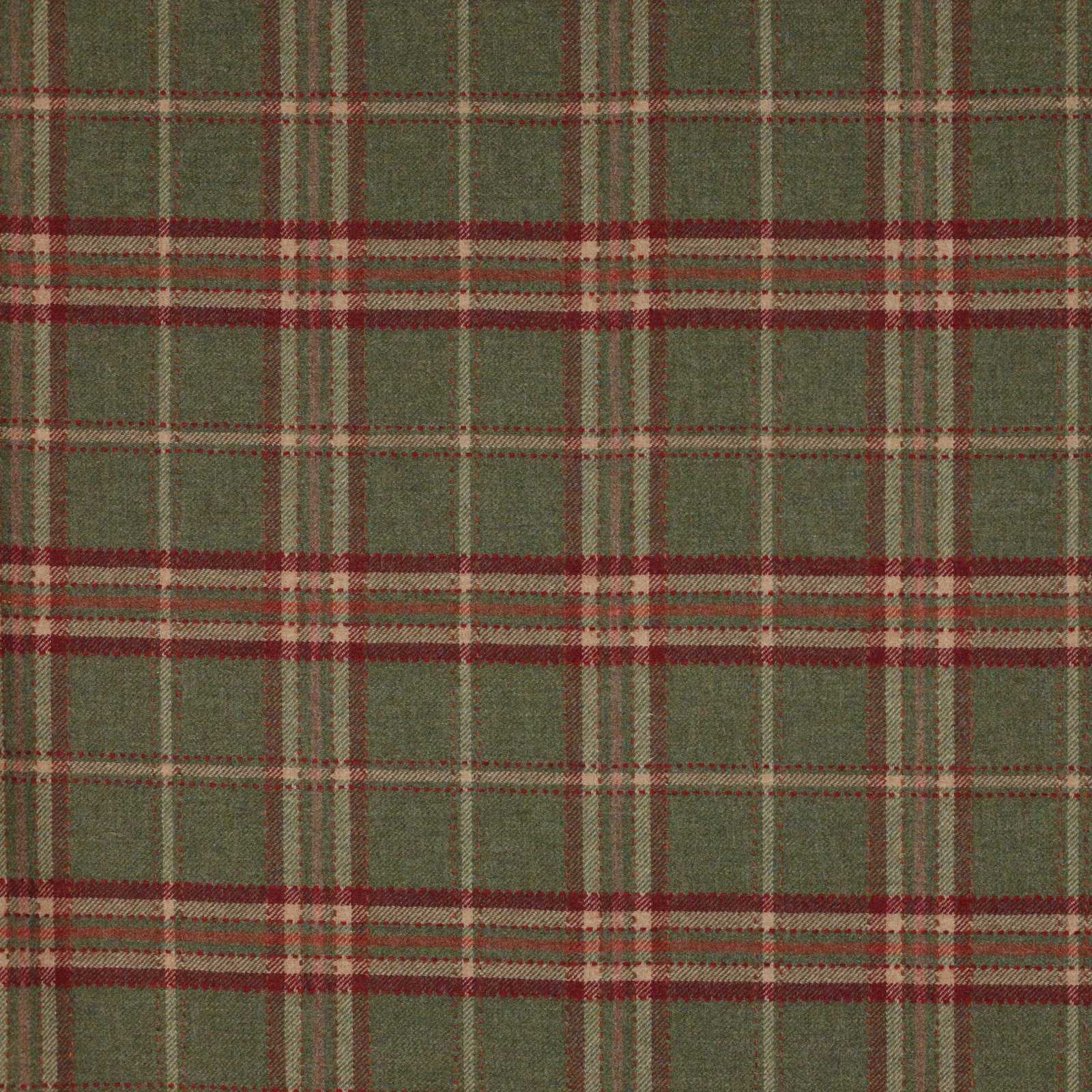 Brushed wool check in moss green with red and beige tartan stripes