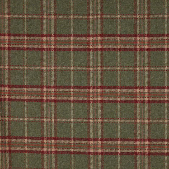 Brushed wool check in moss green with red and beige tartan stripes