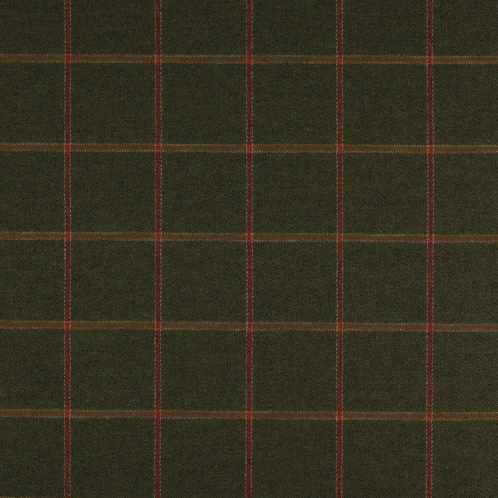 Dark olive wool plaid with fine red and ochre check lines