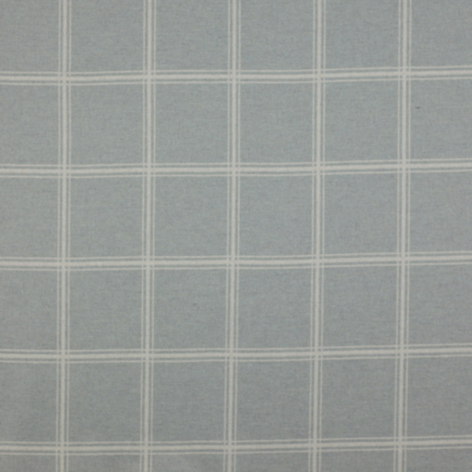 Pale aqua windowpane check fabric with fine ivory lines on a plain woven ground