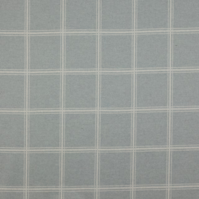 Pale aqua windowpane check fabric with fine ivory lines on a plain woven ground