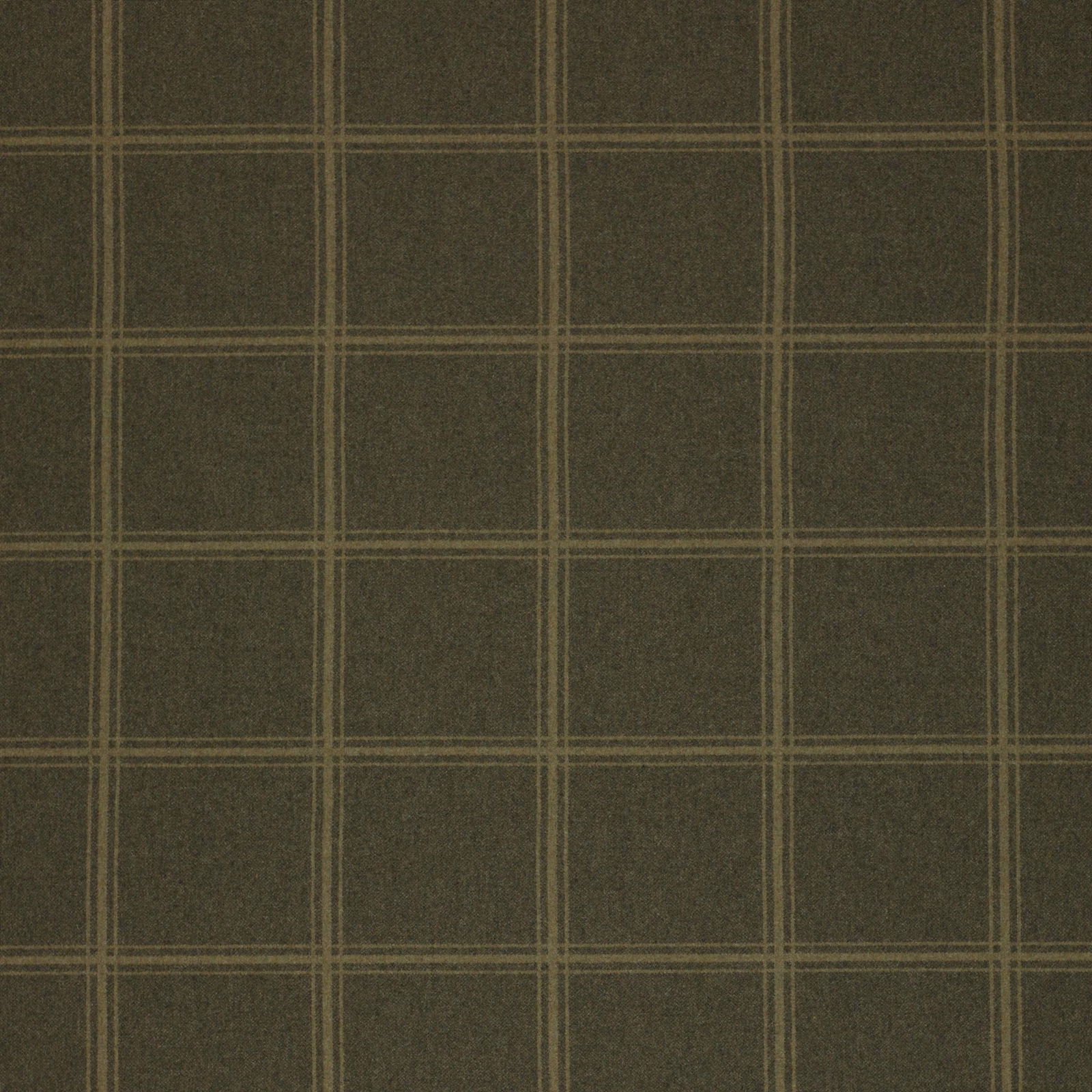 Olive wool check fabric with fine khaki grid lines on a dark ground