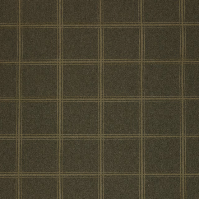 Olive wool check fabric with fine khaki grid lines on a dark ground
