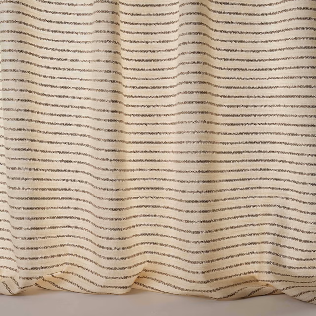 Creamy gold fabric with fine horizontal taupe stripes and a softly textured weave