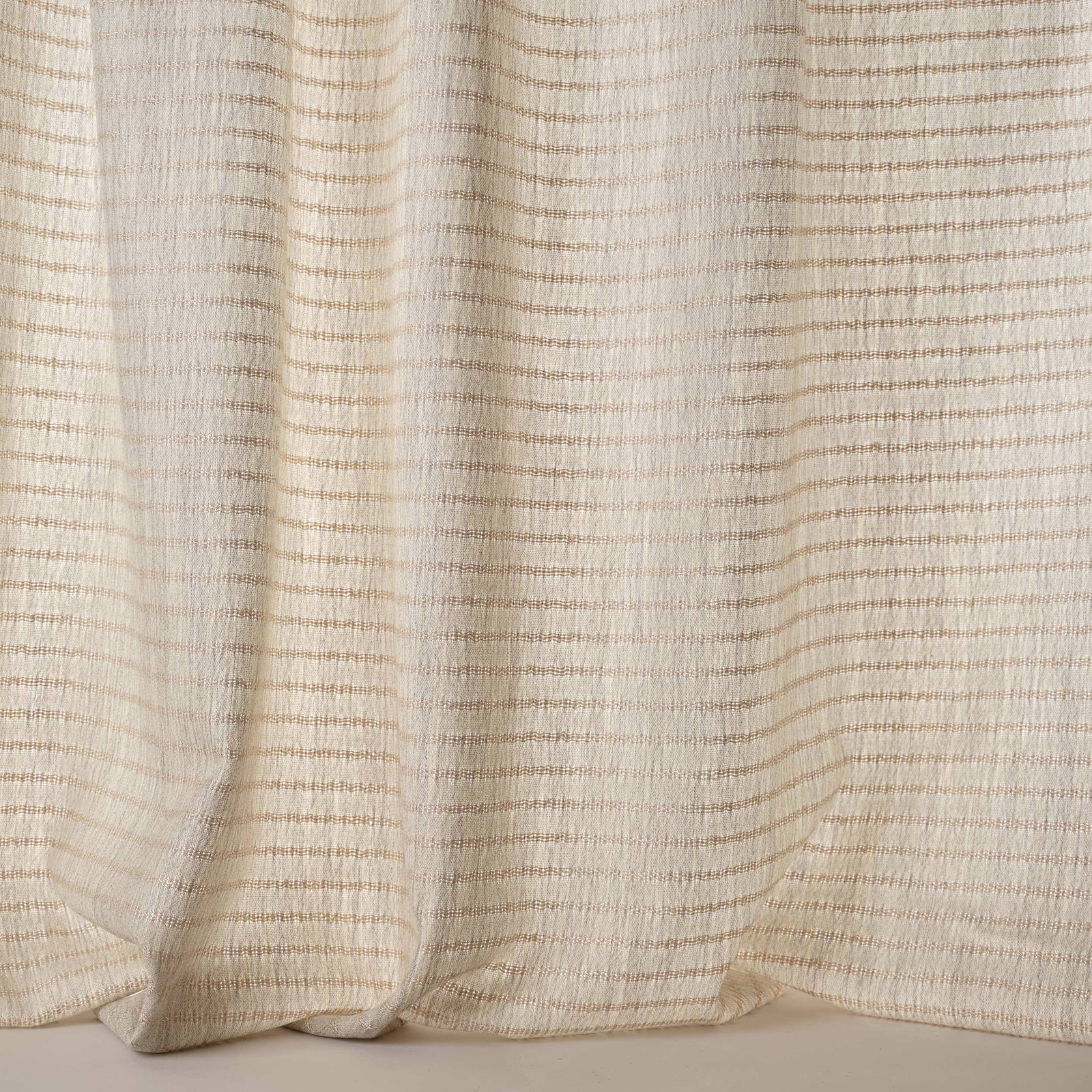 Pale silver-beige striped woven fabric with fine horizontal lines and soft texture