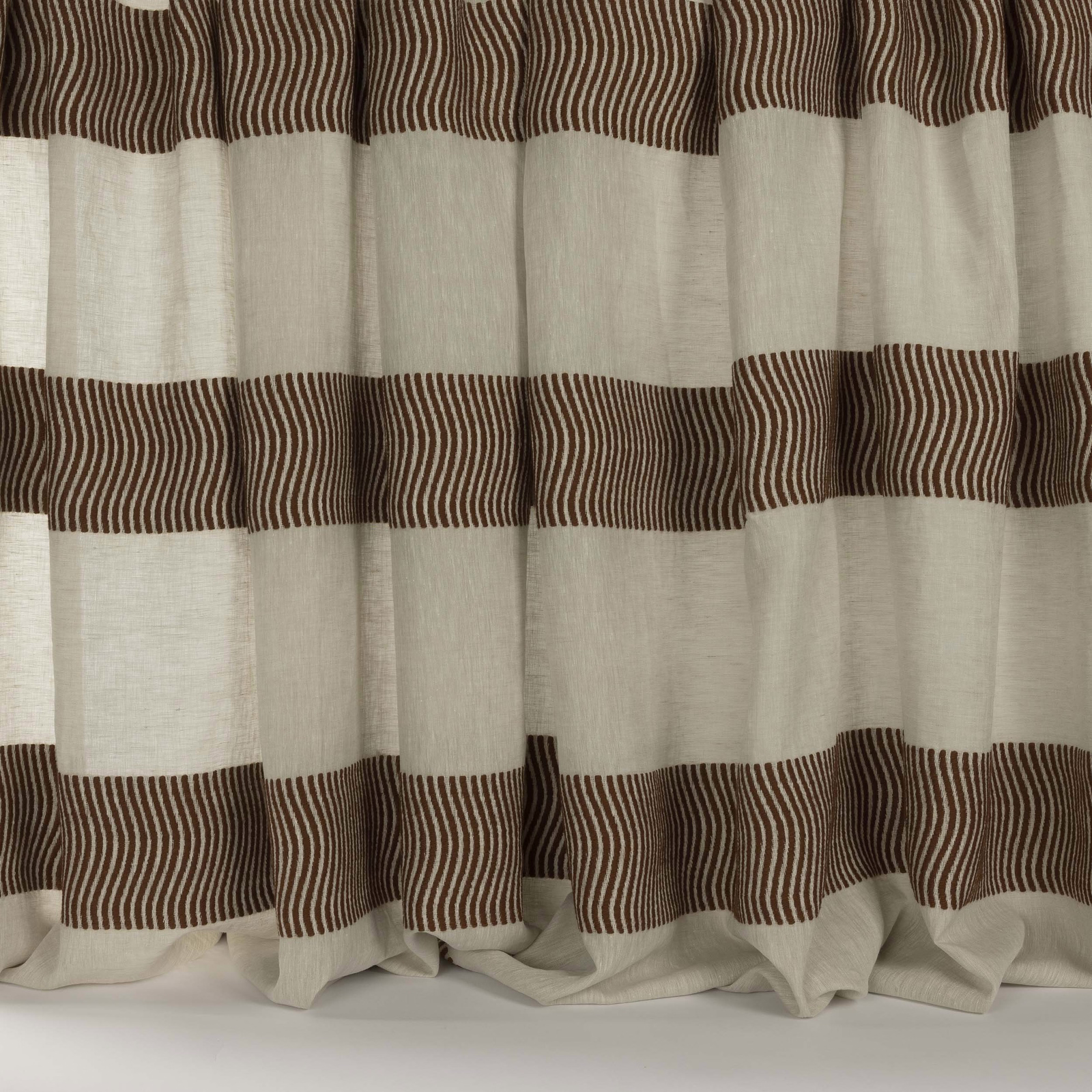 Oatmeal linen-blend fabric with rusty terracotta horizontal stripe bands