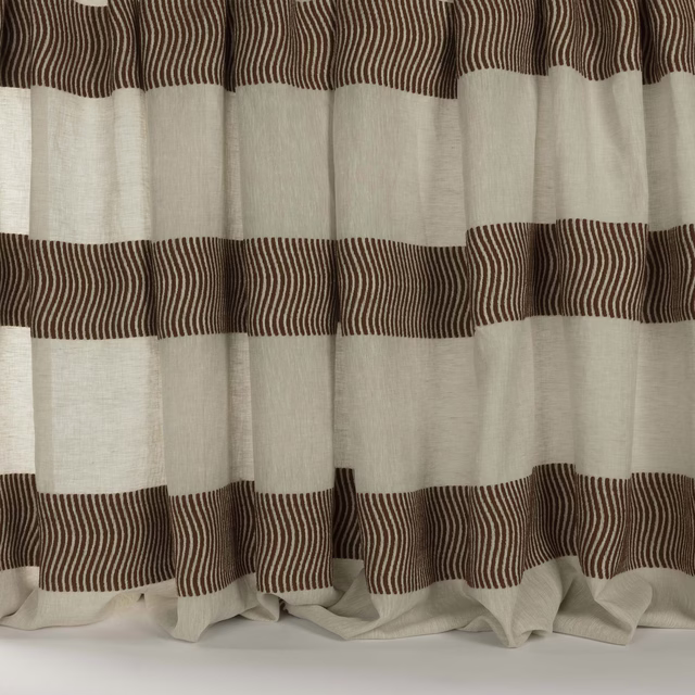 Oatmeal linen-blend fabric with rusty terracotta horizontal stripe bands