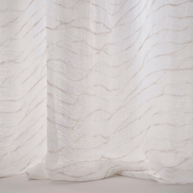 Pale sand-ivory sheer fabric with fine horizontal wave-like texture and soft drape