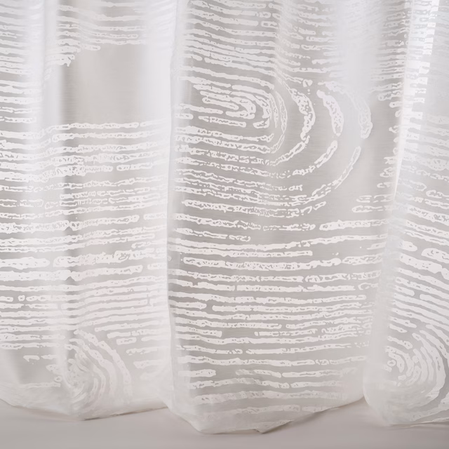 Sheer white fabric with large abstract ripple stripes and soft woven texture