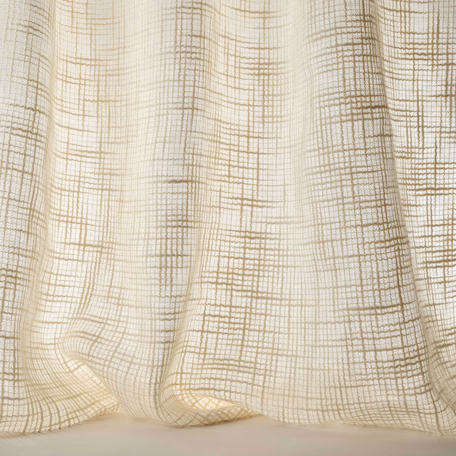 Cream woven fabric with fine beige grid texture draped in soft folds