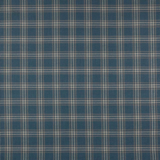Blue and grey checked woven fabric with fine cream crossing lines
