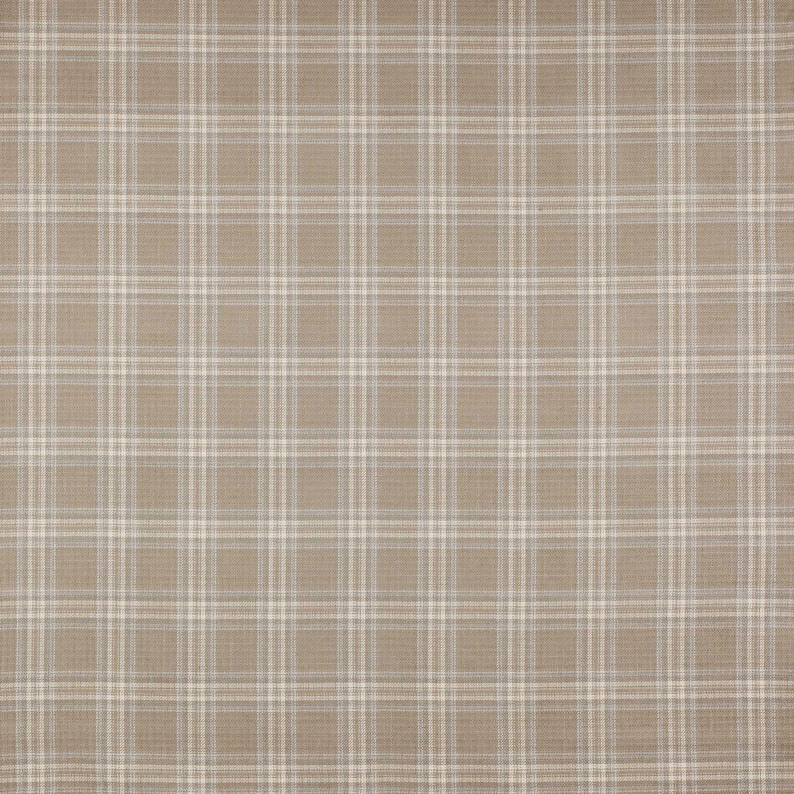 Soft taupe plaid fabric with pale cream check lines and fine woven texture