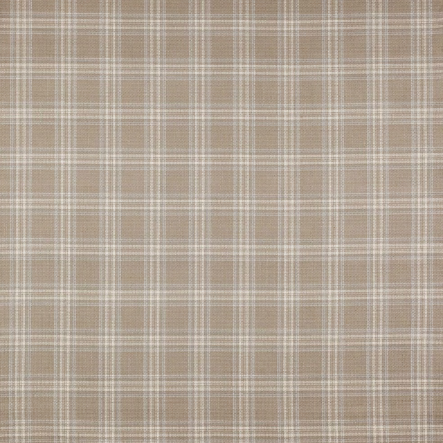 Soft taupe plaid fabric with pale cream check lines and fine woven texture