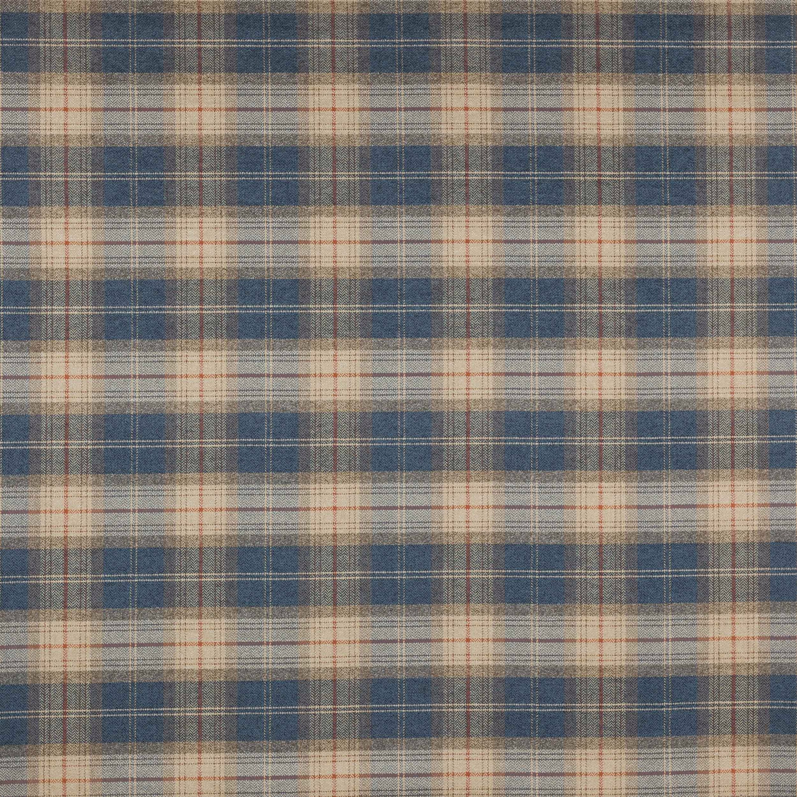 Blue and cream woven plaid swatch with fine red pinstripes