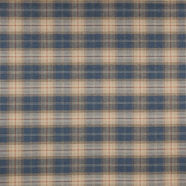 Blue and cream woven plaid swatch with fine red pinstripes