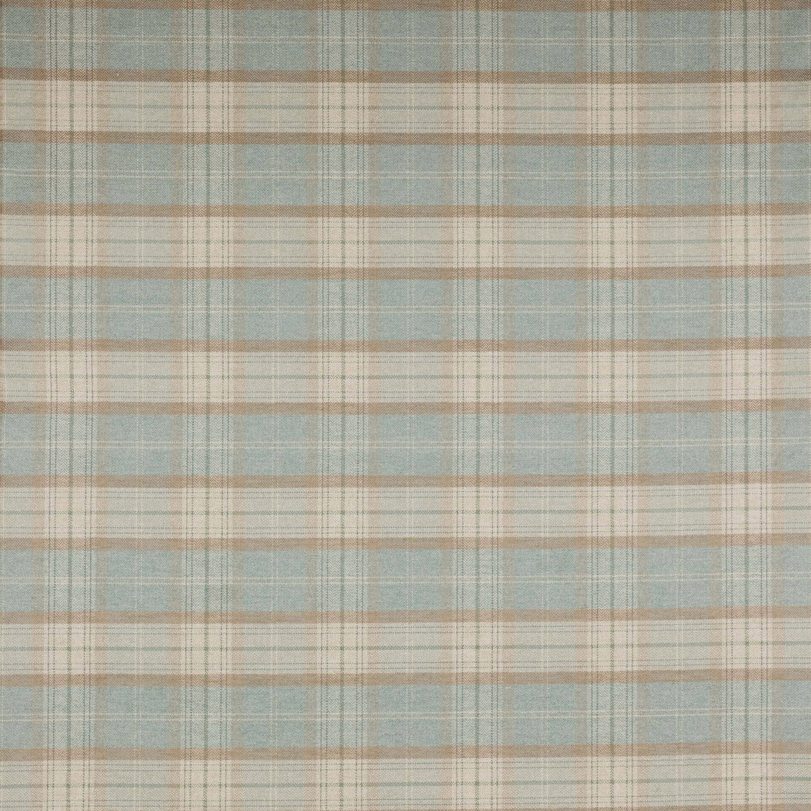 Pale blue and beige plaid fabric swatch with fine woven check texture