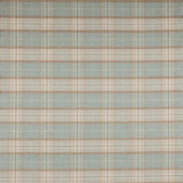 Pale blue and beige plaid fabric swatch with fine woven check texture