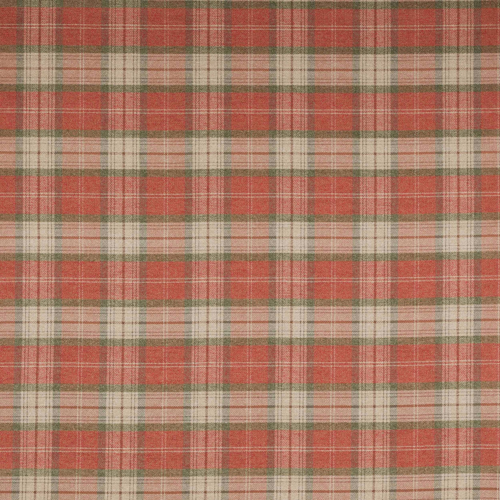 Red and sage plaid fabric with cream lines and a softly woven texture