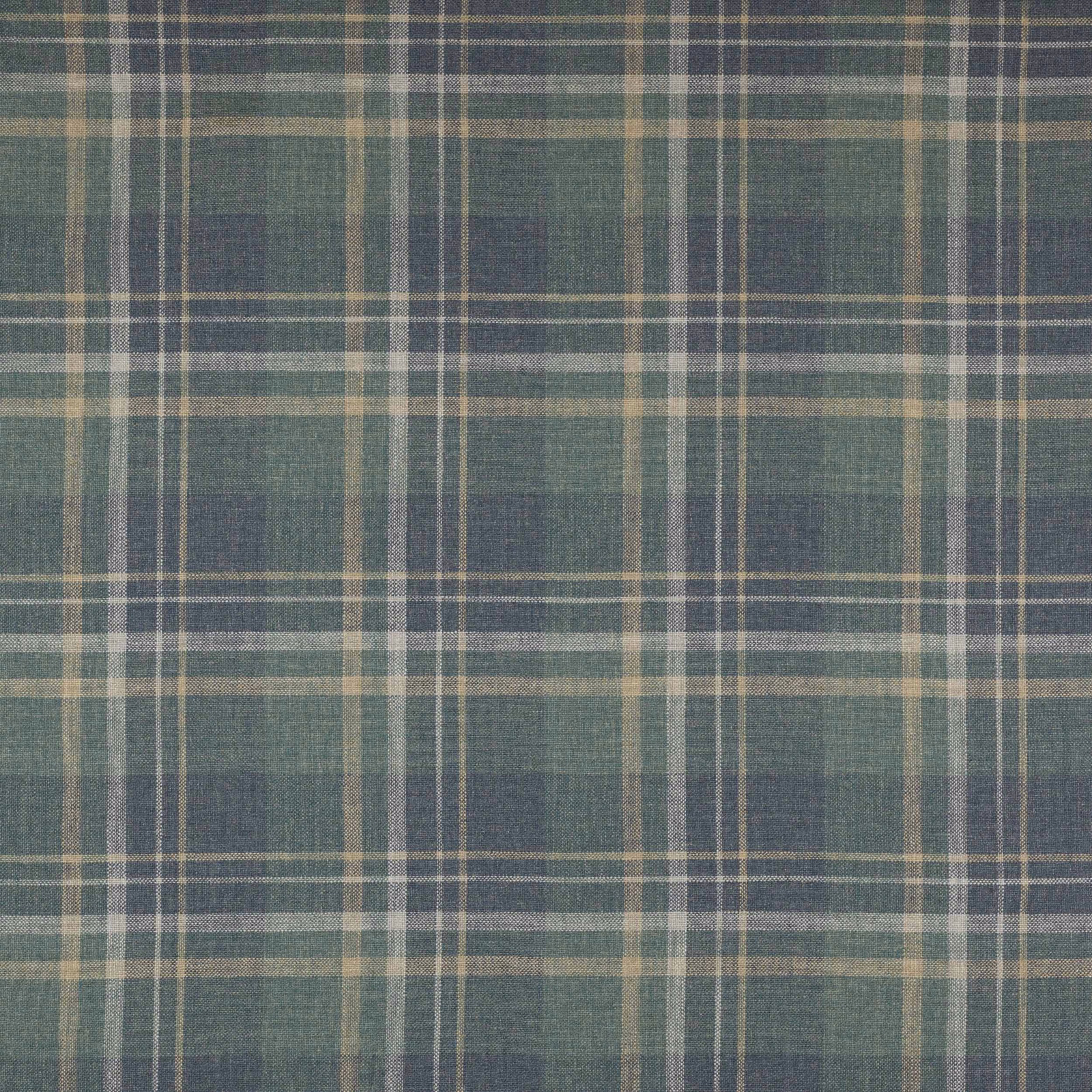 Close-up of navy and teal plaid fabric with pale intersecting lines and a linen weave